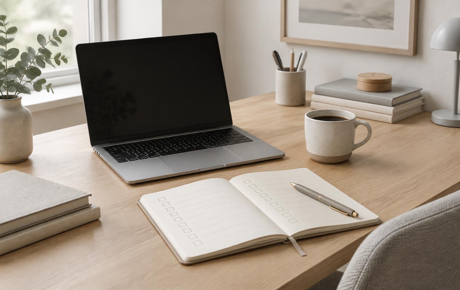 Organized desk with laptop, notebook checklist and coffee